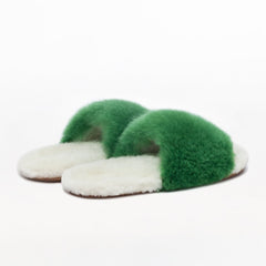 BABOOSHA PARIS Hausschuhe, aus Alpakafell, aus ethischer Sicht, ohne Tierquälerei hergestellt, gepolstertes Fußbett, Leder-Laufsohle, grün, weiß, fair, nachhaltig