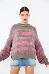 CLAUSSEN Pullover, handgewebt, braun, pink, mit Streifen, Baumwolle, fair, nachhaltig, umweltfreundlich