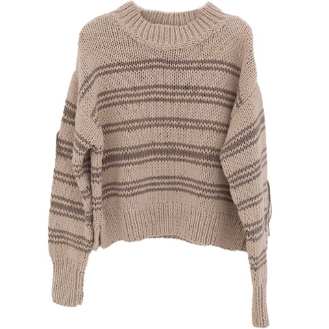 CLAUSSEN Pullover, handgestrickt, braun, mit Streifen, Baumwolle, fair, nachhaltig, umweltfreundlich