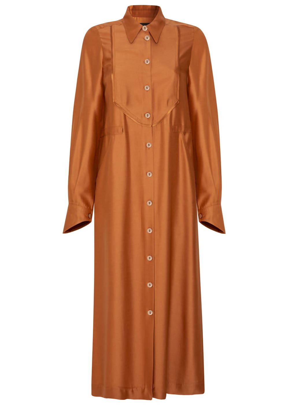 SHIRT DRESS WITH POINTED COLLAR IN OLIVE & CARAMEL 
